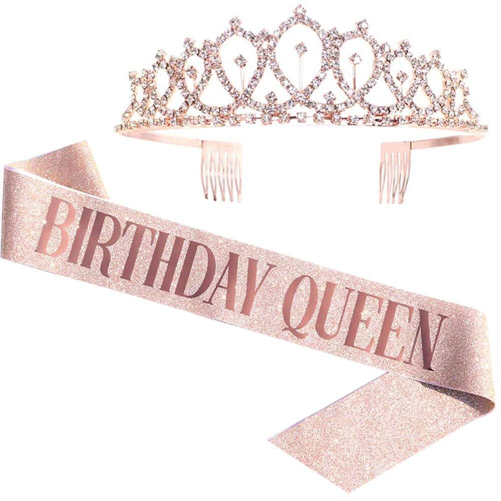 9999 Rose Gold Birthday Queen Sash & Rhinestone Tiara - Glitter Sash &